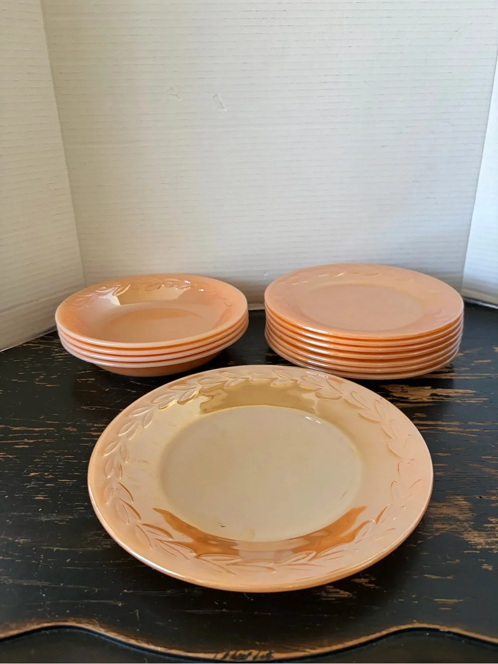 Set of Vintage Fire King Peach Lustre Laurel Leaf bowls and plates